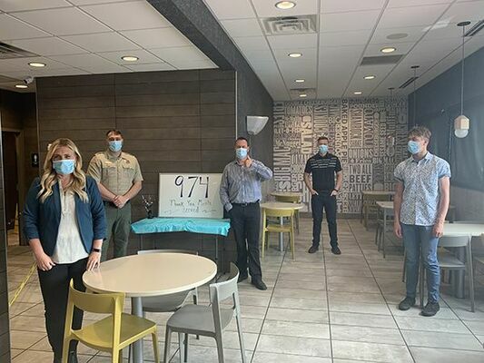 Barton County Mitchell Shaw and his staff wanted to personally thank the owners of McDonald’s in Lamar for giving back to all of the first responders. McDonalds of Lamar donated 974 meals in a two week period as a token of appreciation for their selfless service. Pictured are, left to right, Kara Campbell, Sheriff Mitch Shaw, Shane Campbell, Kyler Campbell and Kelton Campbell.