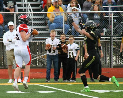 Lamar tight end No. 26 Wyatt Hull hauls in this pass for a first down on Lamar's opening drive. The Tigers took an early 7-0 lead, but less than 1 1/2 minutes later Lathrop answered with a touchdown of their own and went on to defeat the Tigers 28-21.