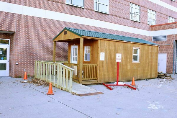COVID-19 testing is done offsite in this portable building located on the north side of the hospital.