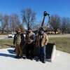 It took 17 years but the Danforth Anchor, located at the Barton County Memorial Park, is now complete. Redneck welders Rile Friend, Casey McGuire and Chris McCarthy installed the 350 pound chain to the anchor at the Memorial Park on the chilly morning of Wednesday, Feb. 28. The anchor was displayed in the Barton County courtyard from 2017-2023. The Historical Society then transferred conservatorship of the anchor to the Memorial Park. A dedication was held last October, without the chain. A search for a chain took the park to the salvage yards of Virginia, all the way to the Gulf of Mexico. Finally, International Shipbreaking in Brownsville, Texas contacted the park about donating some chain. They cut off a 15' length and shipped it in early February. Redneck Welding fashioned the chain links so it looks like it is kind of "swooping".
