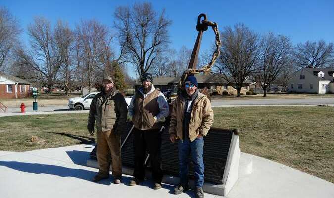 It took 17 years but the Danforth Anchor, located at the Barton County Memorial Park, is now complete. Redneck welders Rile Friend, Casey McGuire and Chris McCarthy installed the 350 pound chain to the anchor at the Memorial Park on the chilly morning of Wednesday, Feb. 28. The anchor was displayed in the Barton County courtyard from 2017-2023. The Historical Society then transferred conservatorship of the anchor to the Memorial Park. A dedication was held last October, without the chain. A search for a chain took the park to the salvage yards of Virginia, all the way to the Gulf of Mexico. Finally, International Shipbreaking in Brownsville, Texas contacted the park about donating some chain. They cut off a 15' length and shipped it in early February. Redneck Welding fashioned the chain links so it looks like it is kind of "swooping".